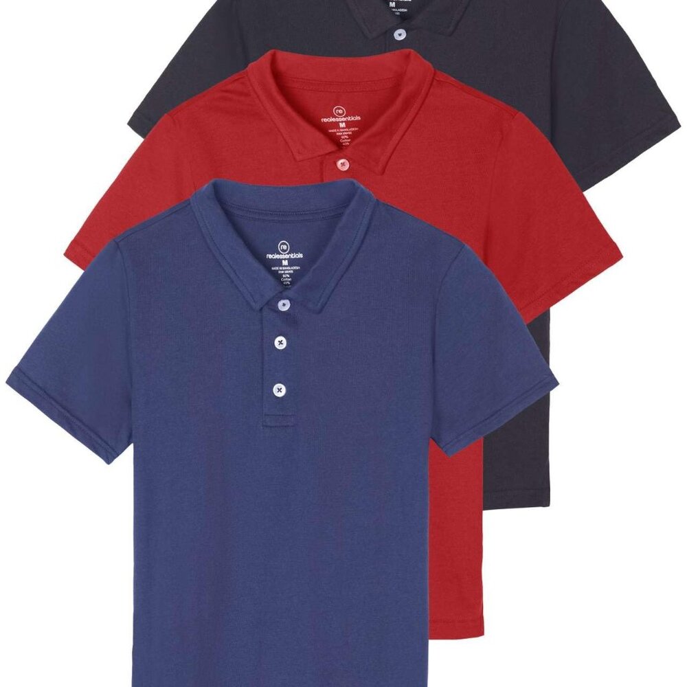 Real Essentials 3 Pack: Boys' Short Sleeve Jersey Cotton Polo Shirt - Uniform